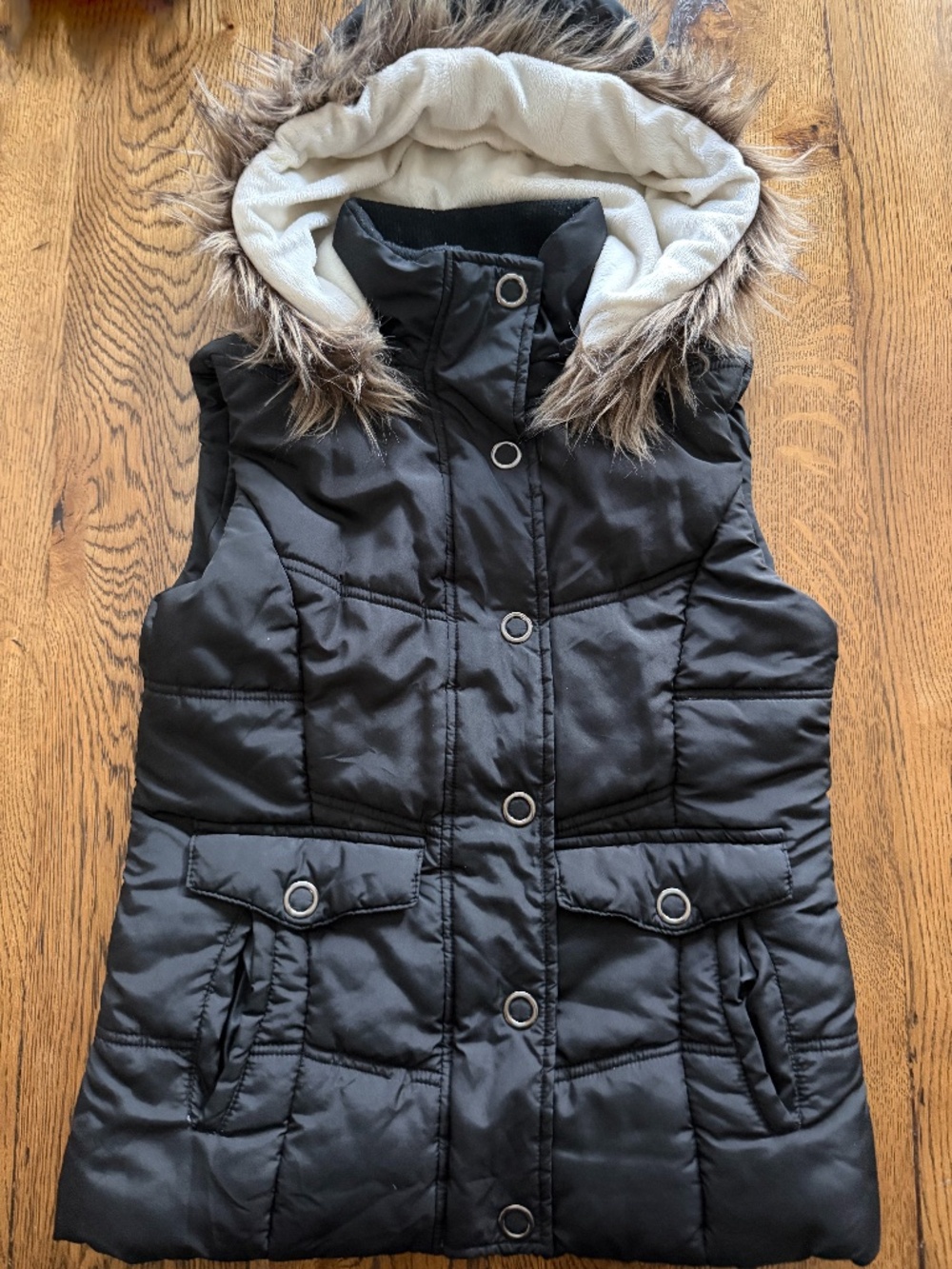 Women's Vanity Black Quilted Puffer Vest with Faux Fur Lined Hood Y2K Size M